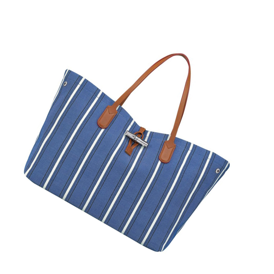 Torby Przez Ramię Damskie Longchamp Roseau Essential Rayé L Niebieskie | PL-501CYHW