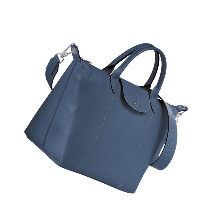 Torebki Damskie Longchamp Le Pliage Cuir M Niebieskie | PL-263YCHD