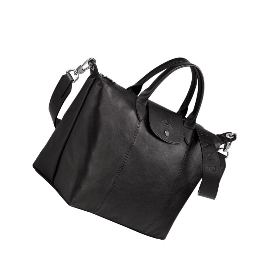 Torebki Damskie Longchamp Le Pliage Cuir M Czarne | PL-986SKUA